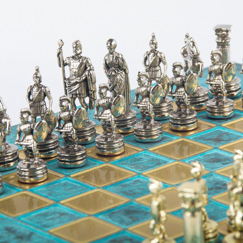 GREEK ROMAN PERIOD CHESS SET with gold/silver chessmen and bronze chessboard 28 x 28cm (Small)-Chess-Manopoulos-Brown-Small-Kvalitetstid AS