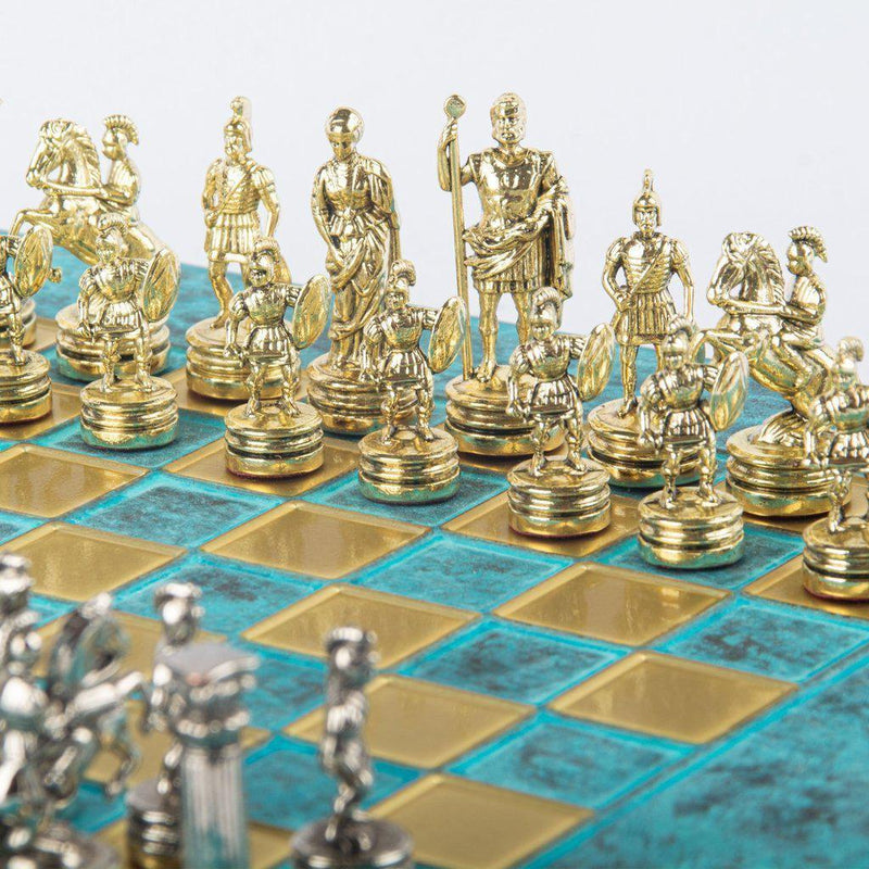 GREEK ROMAN PERIOD CHESS SET with gold/silver chessmen and bronze chessboard 28 x 28cm (Small)-Chess-Manopoulos-Brown-Small-Kvalitetstid AS