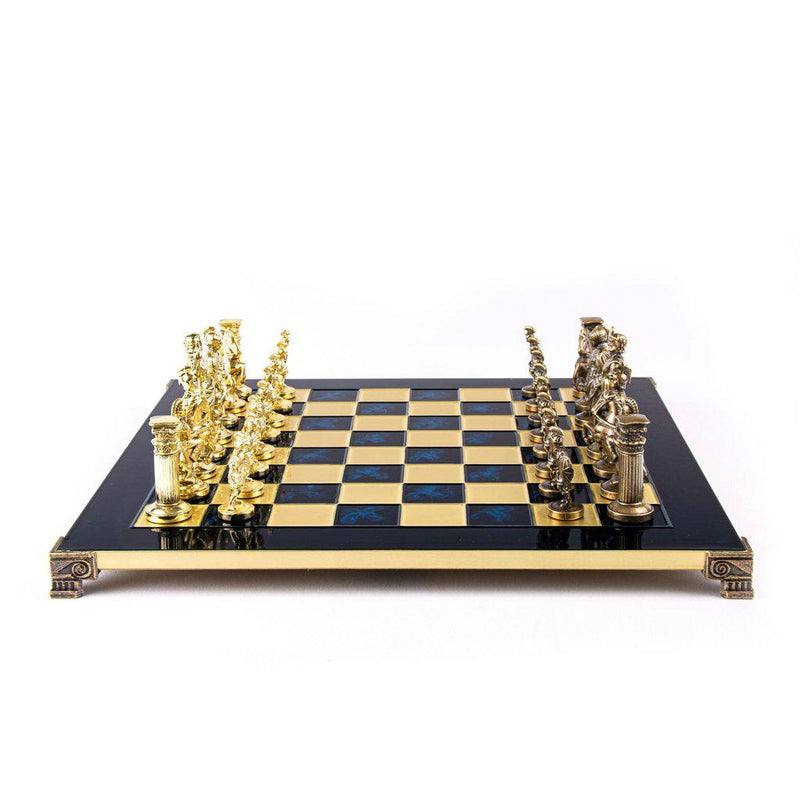 GREEK ROMAN PERIOD CHESS SET with gold/brown chessmen and bronze chessboard 44 x 44cm (Large)-Chess-Manopoulos-Blue-Large-Kvalitetstid AS