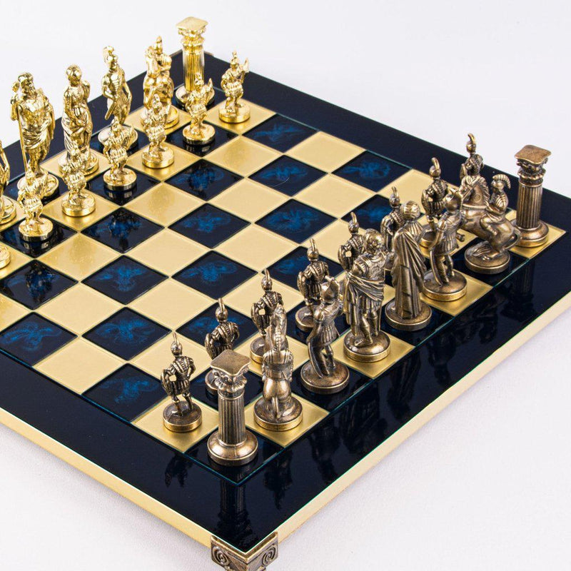 GREEK ROMAN PERIOD CHESS SET with gold/brown chessmen and bronze chessboard 44 x 44cm (Large)-Chess-Manopoulos-Brown-Large-Kvalitetstid AS