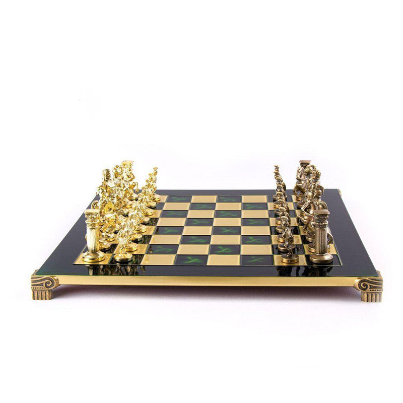 GREEK ROMAN PERIOD CHESS SET with gold/brown chessmen and bronze chessboard 44 x 44cm (Large)-Chess-Manopoulos-Green-Large-Kvalitetstid AS