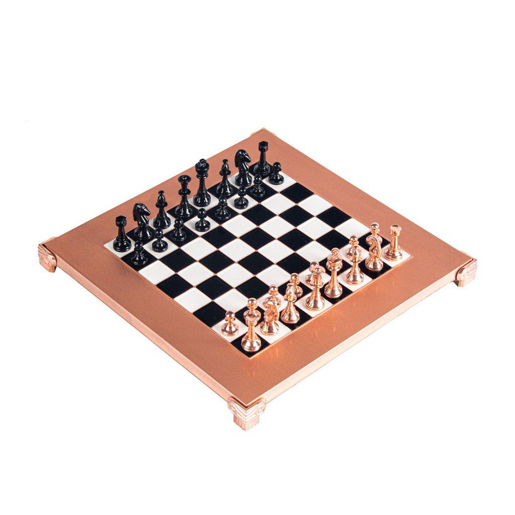 CLASSIC METAL STAUNTON CHESS SET with black/copper chessmen and copper chessboard 28 x 28cm (Small)-Bordspill-Manopoulos-Red-Small-Kvalitetstid AS