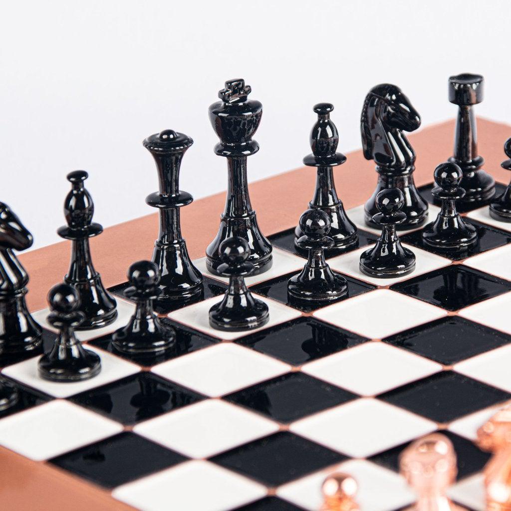 CLASSIC METAL STAUNTON CHESS SET with black/copper chessmen and copper chessboard 28 x 28cm (Small)-Bordspill-Manopoulos-Red-Small-Kvalitetstid AS