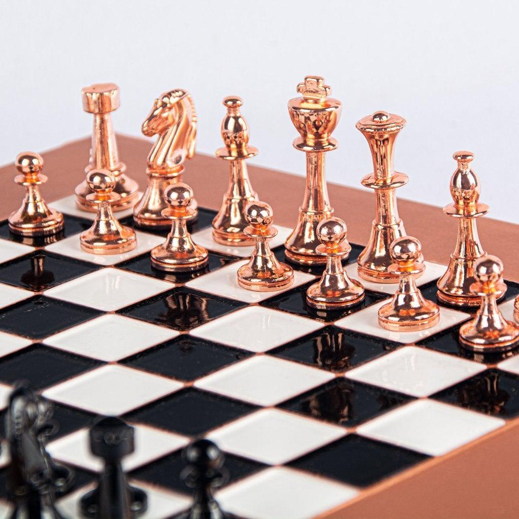 CLASSIC METAL STAUNTON CHESS SET with black/copper chessmen and copper chessboard 28 x 28cm (Small)-Bordspill-Manopoulos-Red-Small-Kvalitetstid AS