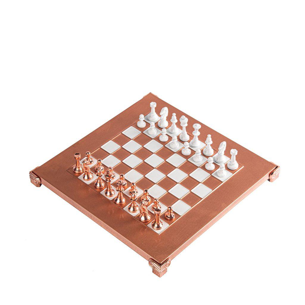 CLASSIC METAL STAUNTON CHESS SET with copper/white chessmen and copper chessboard 28 x 28cm (Small)-Bordspill-Manopoulos-Red-Small-Kvalitetstid AS