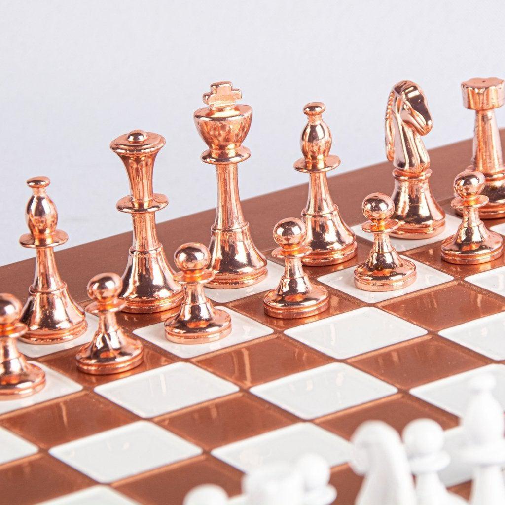CLASSIC METAL STAUNTON CHESS SET with copper/white chessmen and copper chessboard 28 x 28cm (Small)-Bordspill-Manopoulos-Red-Small-Kvalitetstid AS