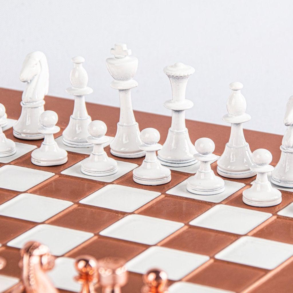 CLASSIC METAL STAUNTON CHESS SET with copper/white chessmen and copper chessboard 28 x 28cm (Small)-Bordspill-Manopoulos-Red-Small-Kvalitetstid AS