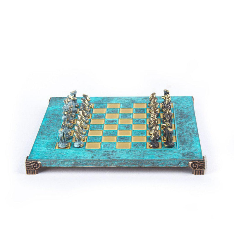 CYCLADIC ART SOLID BRASS CHESS SET with blue/brown chessmen and bronze chessboard 28 x 28cm (Small)-Bordspill-Manopoulos-Turquoise-Small-Kvalitetstid AS
