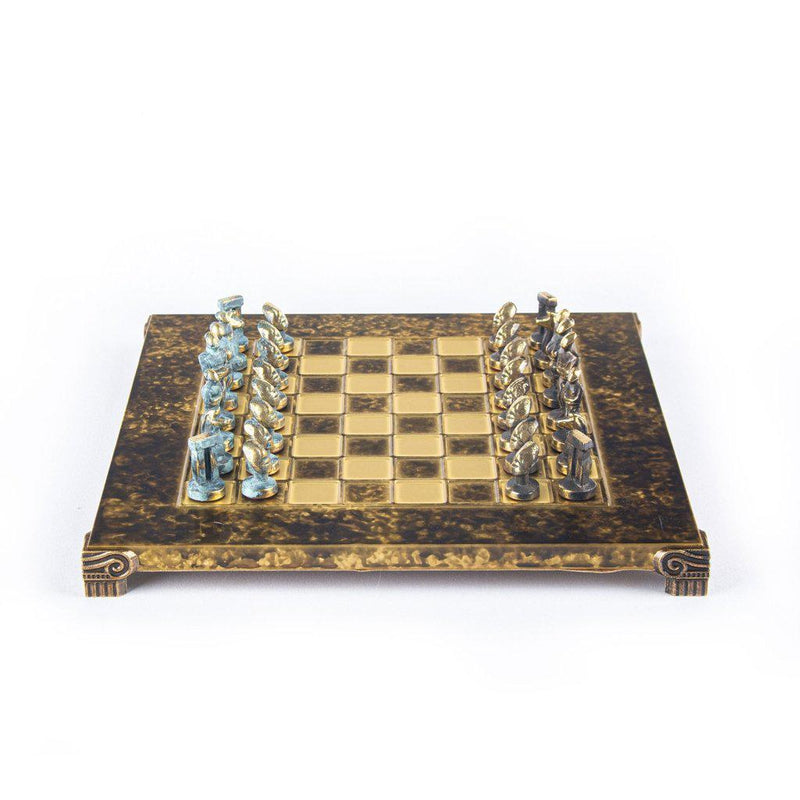 CYCLADIC ART SOLID BRASS CHESS SET with blue/brown chessmen and bronze chessboard 28 x 28cm (Small)-Bordspill-Manopoulos-Brown-Small-Kvalitetstid AS