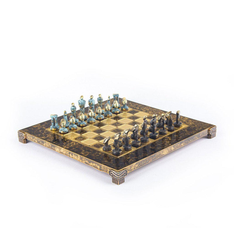 CYCLADIC ART SOLID BRASS CHESS SET with blue/brown chessmen and bronze chessboard 28 x 28cm (Small)-Bordspill-Manopoulos-Blue-Small-Kvalitetstid AS