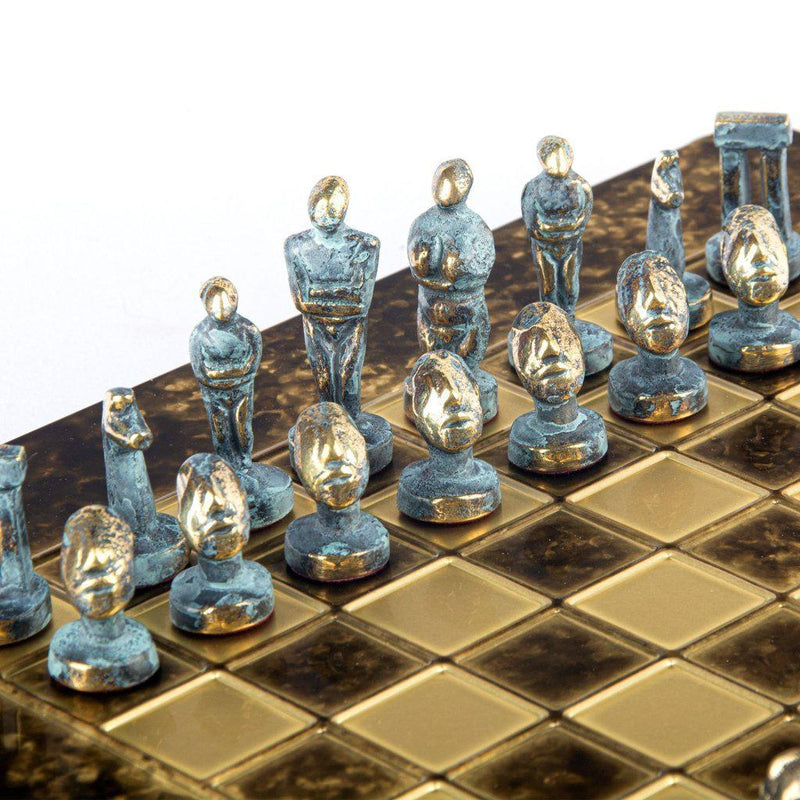 CYCLADIC ART SOLID BRASS CHESS SET with blue/brown chessmen and bronze chessboard 28 x 28cm (Small)-Bordspill-Manopoulos-Blue-Small-Kvalitetstid AS