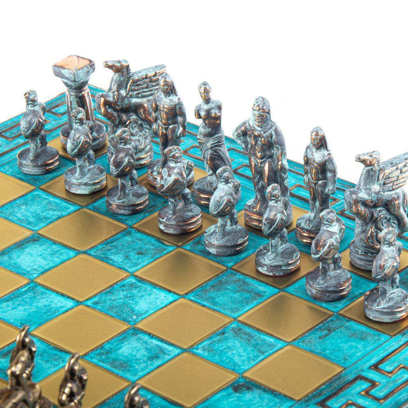 SPARTAN WARRIOR CHESS SET with blue/brown chessmen and Meander bronze chessboard 28 x 28cm (Small)-Bordspill-Manopoulos-Turquoise-Small-Kvalitetstid AS