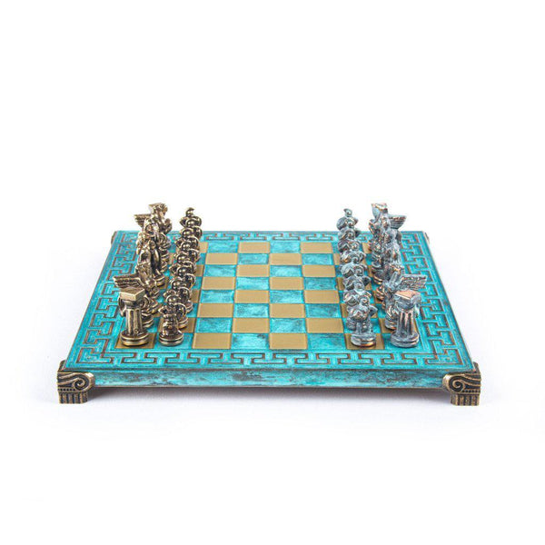 SPARTAN WARRIOR CHESS SET with blue/brown chessmen and Meander bronze chessboard 28 x 28cm (Small)-Bordspill-Manopoulos-Turquoise-Small-Kvalitetstid AS