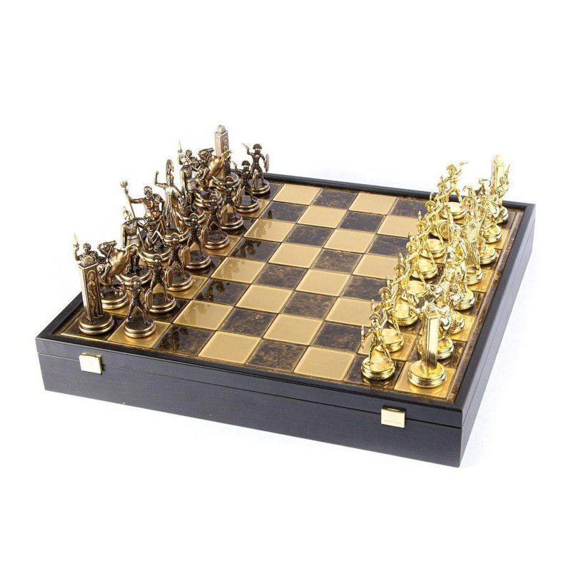GREEK MYTHOLOGY CHESS SET in wooden box with gold/brown chessmen and bronze chessboard 48 x 48cm (Extra Large)-Bordspill-Manopoulos-Brown-Extra-Large-Kvalitetstid AS