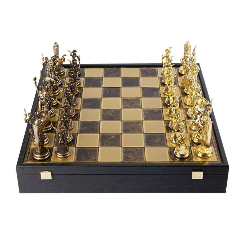 GREEK MYTHOLOGY CHESS SET in wooden box with gold/brown chessmen and bronze chessboard 48 x 48cm (Extra Large)-Bordspill-Manopoulos-Brown-Extra-Large-Kvalitetstid AS
