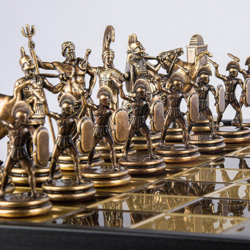 GREEK MYTHOLOGY CHESS SET in wooden box with gold/brown chessmen and bronze chessboard 48 x 48cm (Extra Large)-Bordspill-Manopoulos-Brown-Extra-Large-Kvalitetstid AS