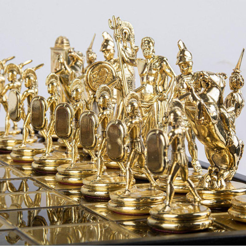 GREEK MYTHOLOGY CHESS SET in wooden box with gold/brown chessmen and bronze chessboard 48 x 48cm (Extra Large)-Bordspill-Manopoulos-Brown-Extra-Large-Kvalitetstid AS