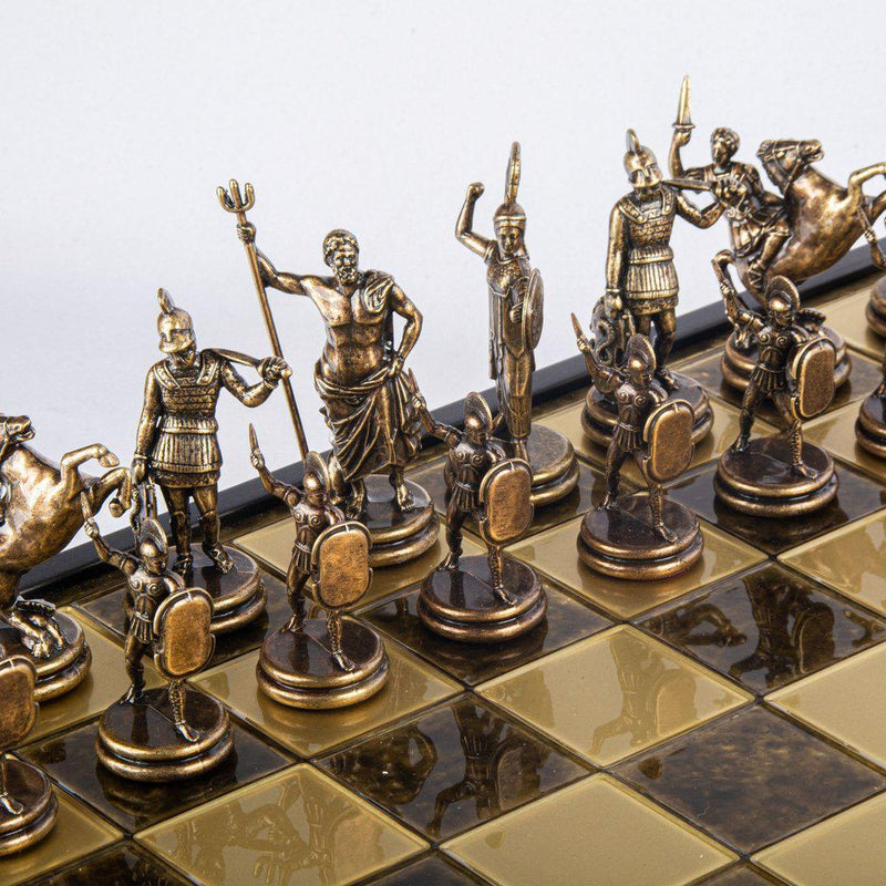 GREEK MYTHOLOGY CHESS SET in wooden box with gold/brown chessmen and bronze chessboard 48 x 48cm (Extra Large)-Bordspill-Manopoulos-Brown-Extra-Large-Kvalitetstid AS