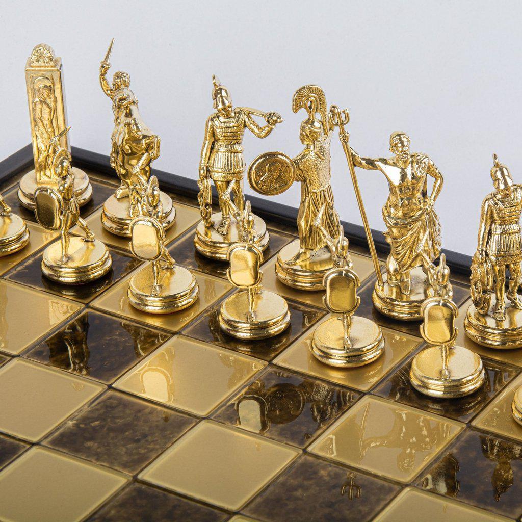 GREEK MYTHOLOGY CHESS SET in wooden box with gold/brown chessmen and bronze chessboard 48 x 48cm (Extra Large)-Bordspill-Manopoulos-Brown-Extra-Large-Kvalitetstid AS