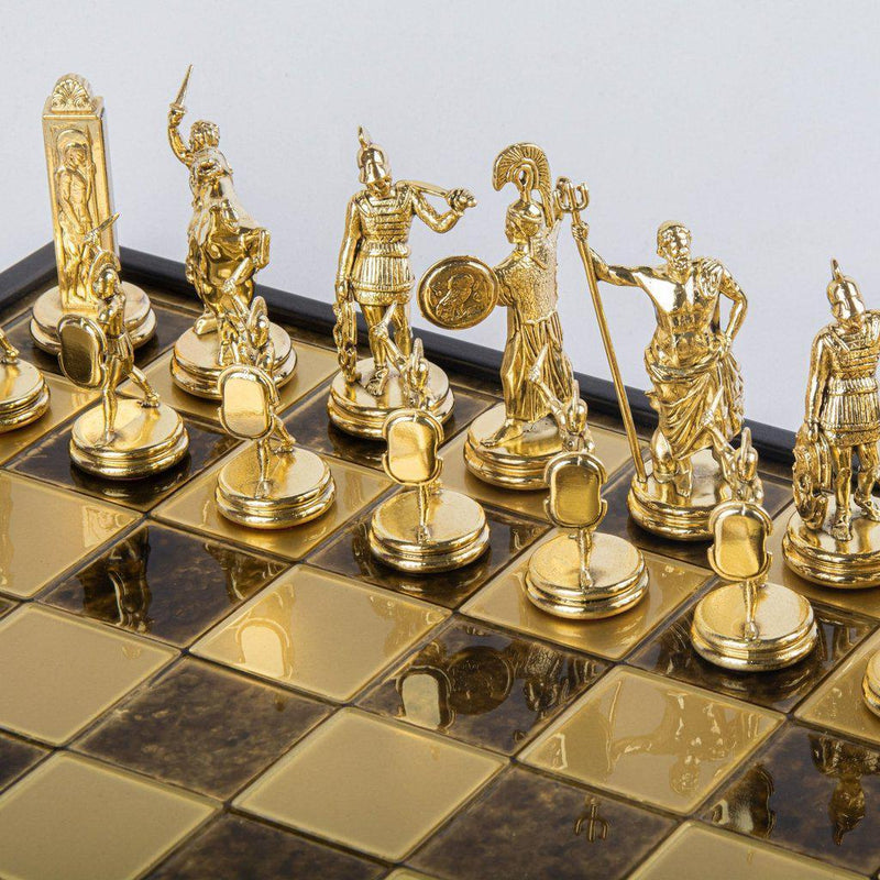 GREEK MYTHOLOGY CHESS SET in wooden box with gold/brown chessmen and bronze chessboard 48 x 48cm (Extra Large)-Bordspill-Manopoulos-Brown-Extra-Large-Kvalitetstid AS
