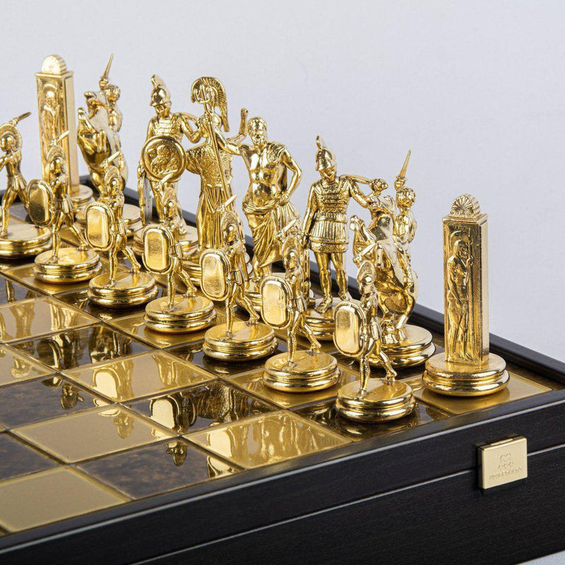 GREEK MYTHOLOGY CHESS SET in wooden box with gold/brown chessmen and bronze chessboard 48 x 48cm (Extra Large)-Bordspill-Manopoulos-Brown-Extra-Large-Kvalitetstid AS