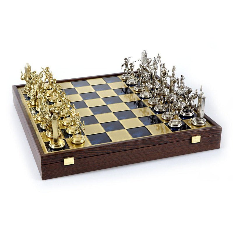 GREEK MYTHOLOGY CHESS SET in wooden box with gold/silver chessmen and bronze chessboard 48 x 48cm (Extra Large)-Bordspill-Manopoulos-Blue-Extra-Large-Kvalitetstid AS