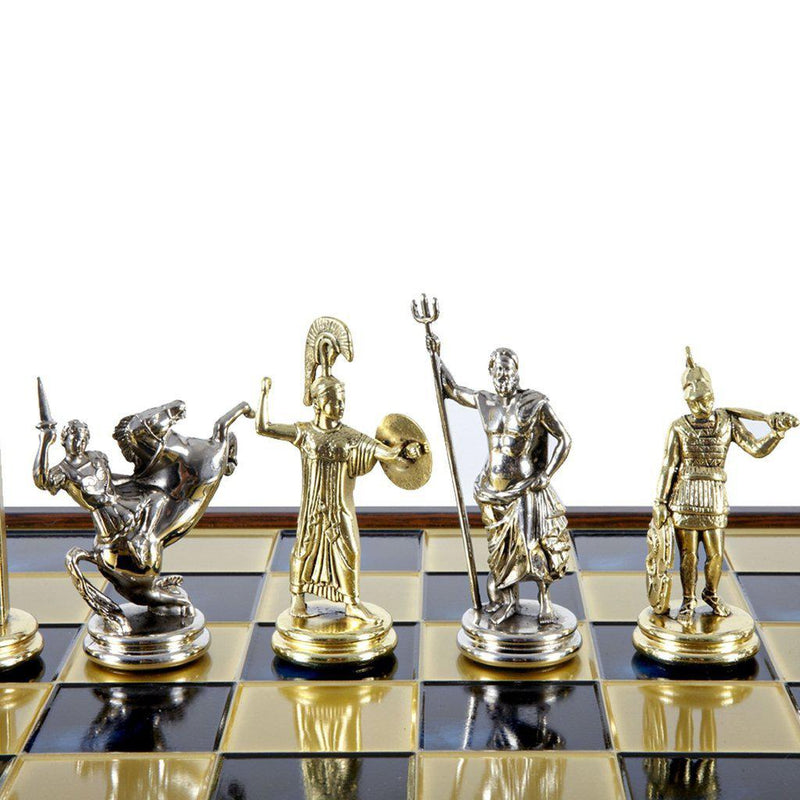 GREEK MYTHOLOGY CHESS SET in wooden box with gold/silver chessmen and bronze chessboard 48 x 48cm (Extra Large)-Bordspill-Manopoulos-Blue-Extra-Large-Kvalitetstid AS