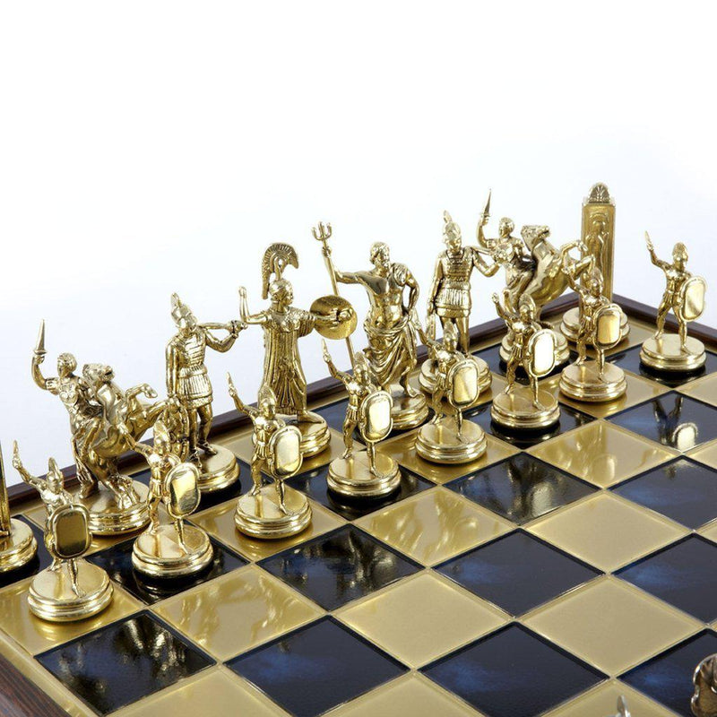 GREEK MYTHOLOGY CHESS SET in wooden box with gold/silver chessmen and bronze chessboard 48 x 48cm (Extra Large)-Bordspill-Manopoulos-Blue-Extra-Large-Kvalitetstid AS