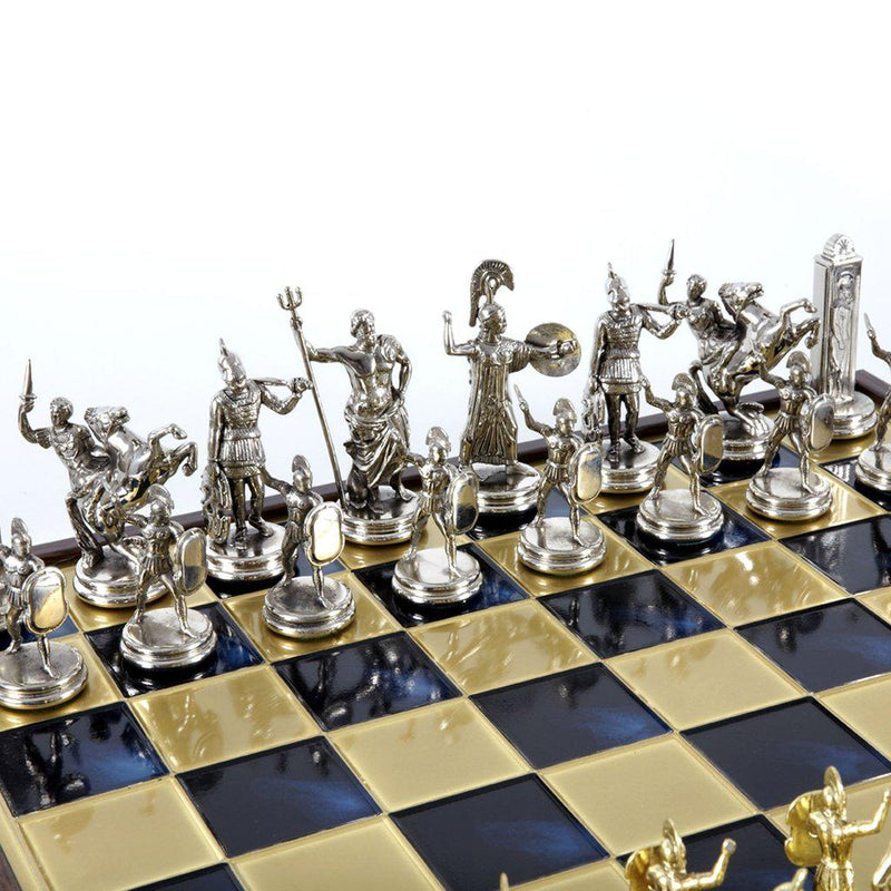 GREEK MYTHOLOGY CHESS SET in wooden box with gold/silver chessmen and bronze chessboard 48 x 48cm (Extra Large)-Bordspill-Manopoulos-Blue-Extra-Large-Kvalitetstid AS