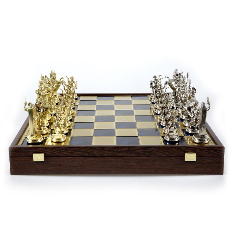 GREEK MYTHOLOGY CHESS SET in wooden box with gold/silver chessmen and bronze chessboard 48 x 48cm (Extra Large)-Bordspill-Manopoulos-Blue-Extra-Large-Kvalitetstid AS