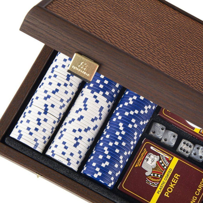 POKER SET in Dark Walnut Wooden case with Brown Leatherette Top-Poker Set-Manopoulos-Large-Kvalitetstid AS