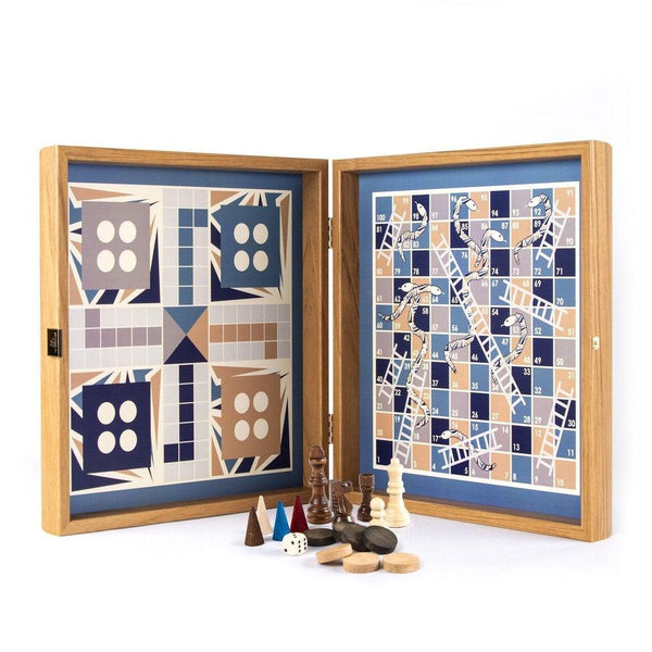 NAVY BLUE COLOUR - 4 in 1 Combo Game - Sjakk/Backgammon/Ludo/Stigespill-Combo Games-Manopoulos-Medium-Kvalitetstid AS