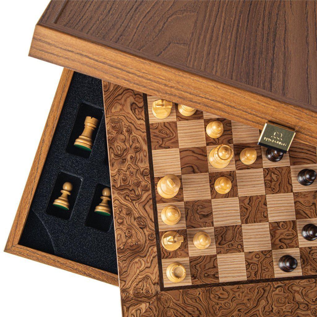 WALNUT BURL Chess set 34x34cm (Small) with Staunton Chessmen 6.5cm King-Bordspill-Manopoulos-Small-Kvalitetstid AS