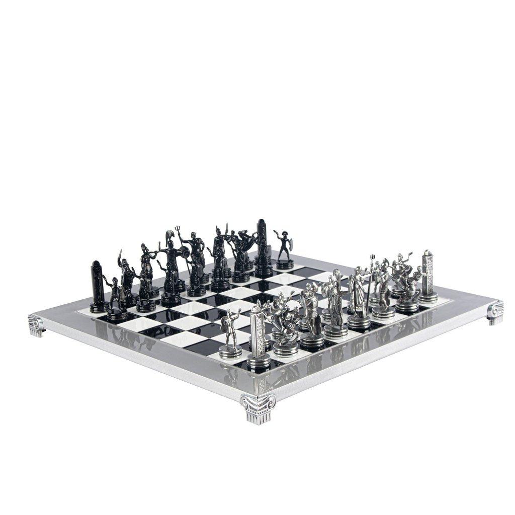 GREEK MYTHOLOGY CHESS SET with black/grey chessmen and aluminium chessboard 36 x 36cm (Medium)-Bordspill-Manopoulos-Black-Medium-Kvalitetstid AS