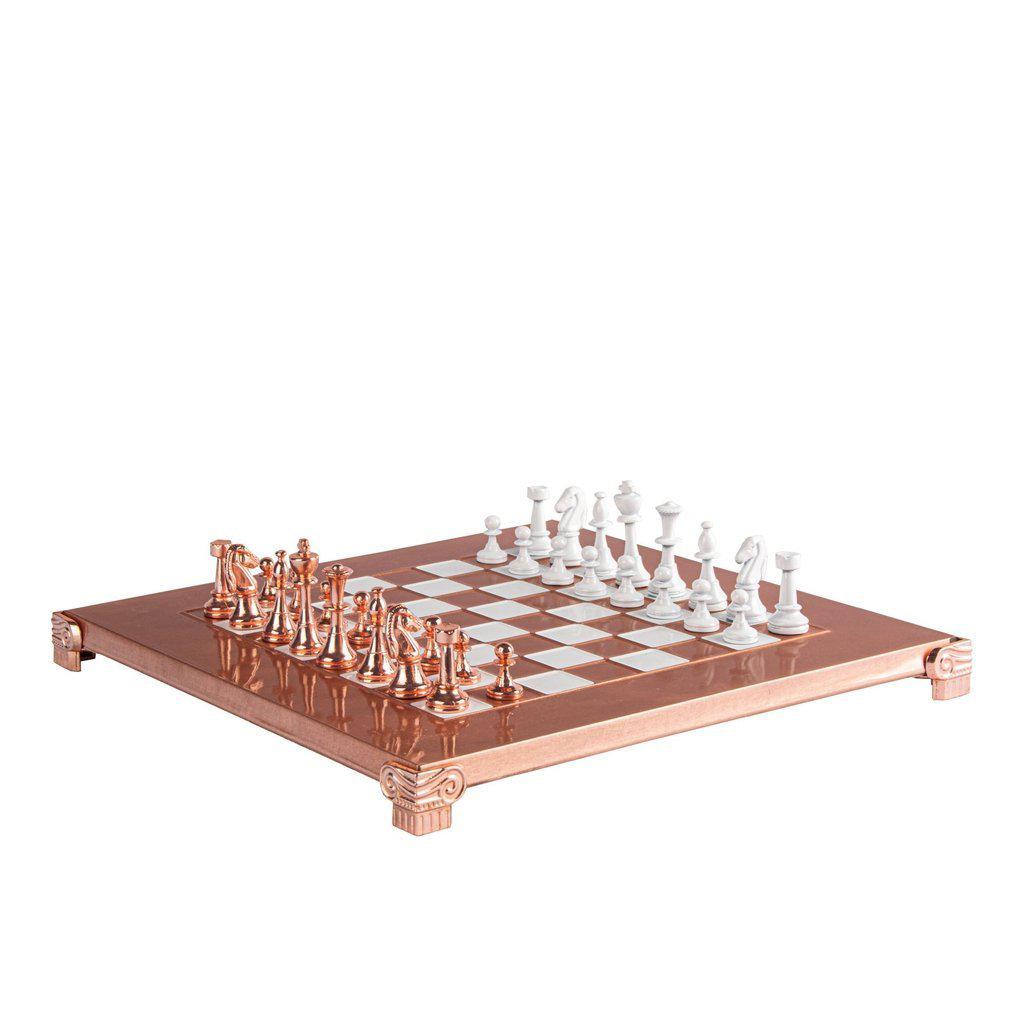 CLASSIC METAL STAUNTON CHESS SET with copper/white chessmen and copper chessboard 28 x 28cm (Small)-Bordspill-Manopoulos-Red-Small-Kvalitetstid AS